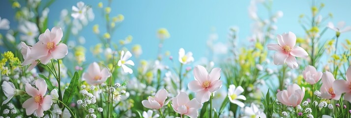 Colorful spring flowers on panoramic banner - obrazy, fototapety, plakaty