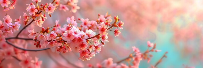 Colorful cherry blossom flowers on panoramic banner