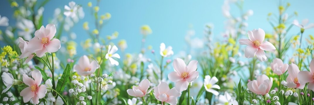 Fototapeta Colorful spring flowers on panoramic banner