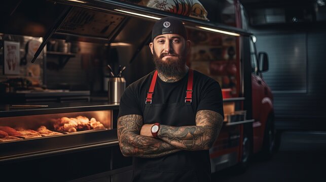 Hot dogs and burgers are served in a food truck by a brutal chef with a bearded face.