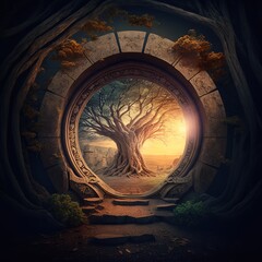 Fantasy concept showing An ancient dimensional portal gate opening into jungle illustration. digital art style, illustration painting , horizontal side view, skyline