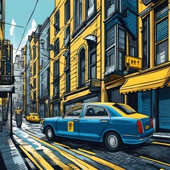 yellow cab in the street ,A blue business car follows a yellow taxi on a narrow highway, with the buildings and the signs on the edge