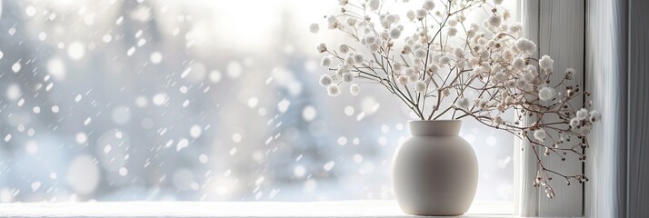 Delicate vase on a windowsill. Outdoor seasonal winter snowy landscape in the window. Minimalist architecture and interior design