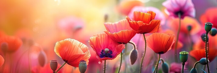 Colorful poppy flowers blossoming in the spring daylight