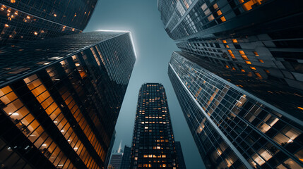 Fototapeta na wymiar Großstadt mit Hochhäusern mit vielen Lichtern bei Nacht aus der Luft Generative AI