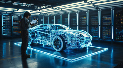 man standing in a server room looking at a tablet, with a holographic projection of a car in front of him