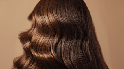 Fototapeta premium close-up of a person's hair, displaying a range of brown tones with a soft curl, against a neutral background, highlighting the hairstyle and hair color