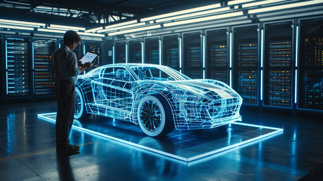 man standing in a server room looking at a tablet, with a holographic projection of a car in front of him - Powered by Adobe