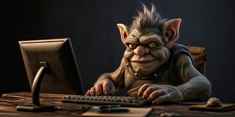 Online troll using computer on solid background with copy; space - obrazy, fototapety, plakaty