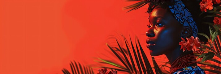 Juneteenth concept with african american woman on red background in nature