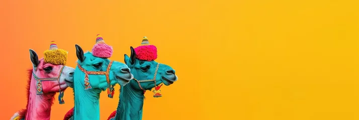 Foto op Plexiglas Colorful camels wearing hats © Brian
