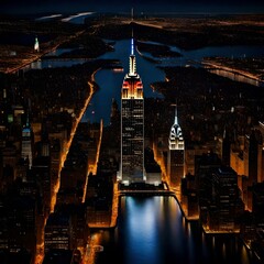 city at night, A helicopter flies over the illuminated Midtown Manhattan at night, capturing the...