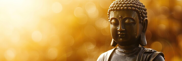 buddha statue with bokeh background, banner with copy space 