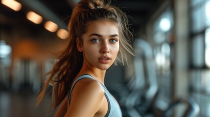 Fototapeta premium Young woman in sportswear running on a treadmill during a workout at the gym, Fitness female using machine for cardio workout at gym, generative ai