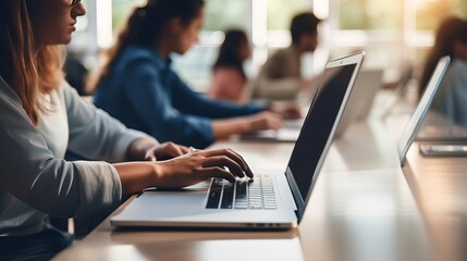 Fototapeta premium Taking notes for university entrance exams is done by students using laptops.
