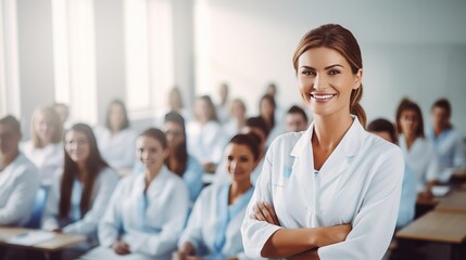 Capturing the essence of confidence and professionalism, a female doctor or nurse stands in the front row of a medical training class or seminar room, smiling cheerfully, with ample copy space - obrazy, fototapety, plakaty
