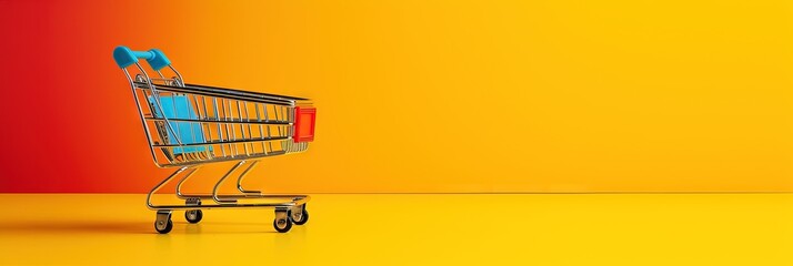 Shopping cart on yellow background with plenty of copy space