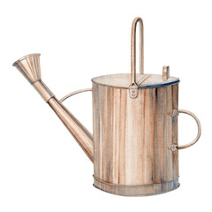 Watercolor hand drawing metal watering can isolated on white background. Gardening subject. Plants and flowers. A vessel for water. Country style.