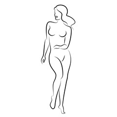 Silhouette of a nice lady, she is standing. The girl has a beautiful naked figure. The woman is a young sexy and slender model. Vector illustration.