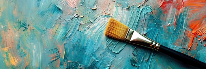 paintbrush on textured oil paint in blue, pink, white, green, and yellow colors