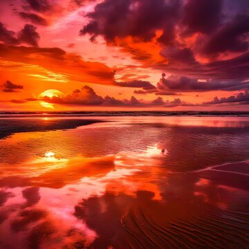 sunset on the sea, A stunning image of a vibrant sunset with orange and pink clouds reflected on the wet sand during low tide. The sun is partially hidden behind the horizon and the sky is filled with
