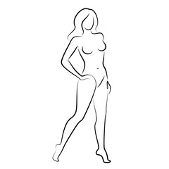 Silhouette of a nice lady, she is standing. The girl has a beautiful naked figure. The woman is a young sexy and slender model. Vector illustration.
