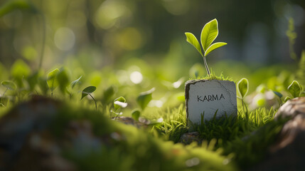 Карма. Green grass. A sprout grows from the ground.