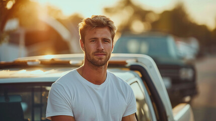 Early 30s handsome strong man standing next to his white pickup truck wearing a t-shirt in a urban city area at country side