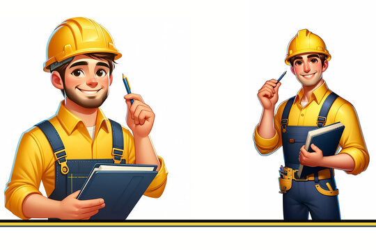 Happy construction worker with paperwork and tools, Supervisor builder with helmet cartoon art, Cartoon construction art, Construction worker man wearing a uniform, glasses, and yellow safety helmet c
