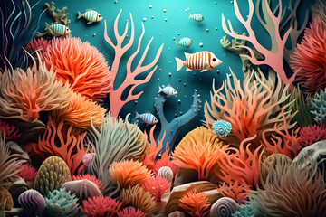 Fototapeta na wymiar Underwater coral reef paper cut background