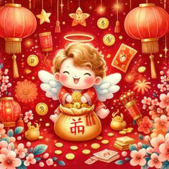 Obraz na płótnie Canvas Chinese New Year decorations featuring festive ornaments and angelic figurines, celebrating the holiday season in a golden and joyful display