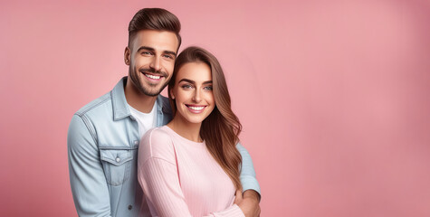 Banner of a guy and a girl in light clothes hugging on a simple light pink background. Portrait, a couple looks into the camera lens together. Emotions, youth, love and Valentine's Day. Copy space