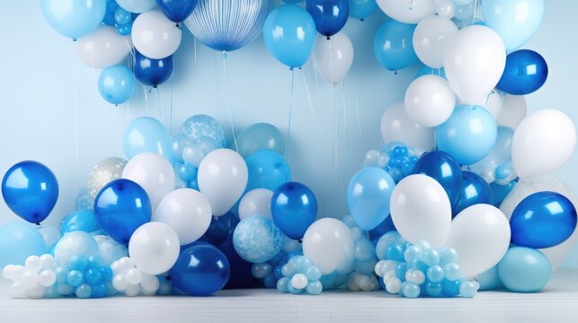 vibrant image with a mix of blue and white balloons for a boy's birthday