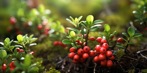 Red cranberries growing in the wild forest karelia, Landscape design of the yard, 

 - obrazy, fototapety, plakaty