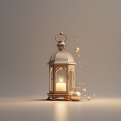 View of 3d islamic lantern. a lantern with glittery balls and candles