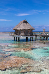 French Polynesia atoll with typical overwater bungalows and pink coral reef in full sun light.