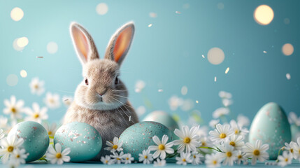 Fototapeta na wymiar Easter bunny sitting surrounded by eggs and flowers. Adorable Easter Egg day on a blue background