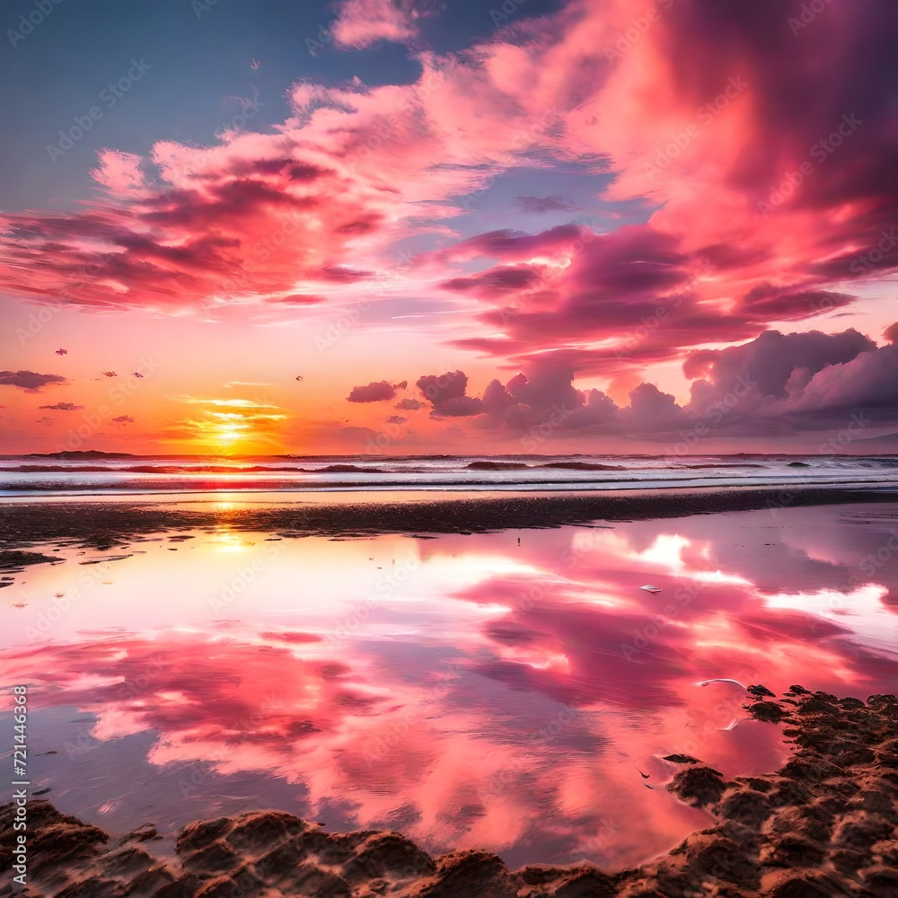 Wall mural sunset over the lake, A stunning image of a vibrant sunset with pink and white clouds reflected on the wet sand during low tide. The sun is peeking out from behind a cloud and the sky is soft and gent