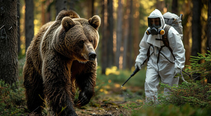 bear suffers from forest pollution, a man in chemical protective equipment sprays poisonous gas through the forest, damage to wild animals, forest and forest animals in danger from human poisoning