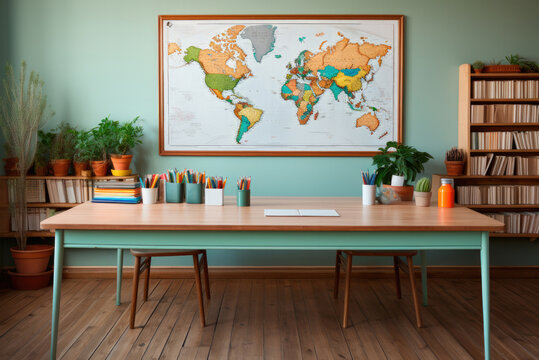 Back to the school past with a map of the world. A picture of the teacher's desk indoors in a school classroom. Teacher's Day