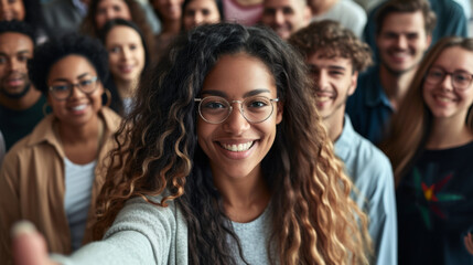 Fototapeta premium young woman in glasses with a group of diverse people in the background