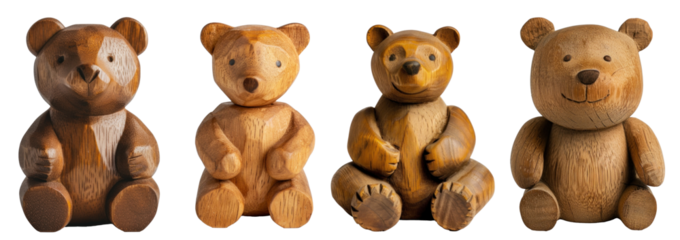 Sitting wooden bear, toy, set, transparent or isolated on white background