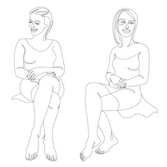 Collection. Feminine silhouette in a modern continuous line style. The girl is slim and beautiful. Lady suitable for decoration, posters, stickers, logo. Vector illustration set.