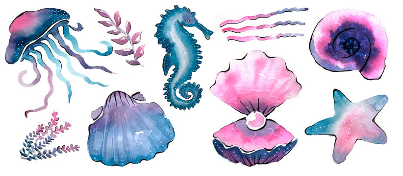 A set of cute mermaids and underwater inhabitants