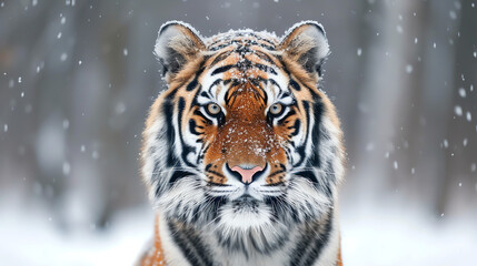 Fototapeta na wymiar Tiger im Winter mit Schnee - Frontal Nachaufnahme