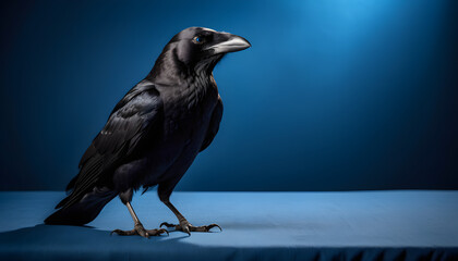 crow Standing on Blue Surface, crow on studio setup