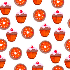 seamless background with cupcakes watercolor drawing seamless pattern muffin with cream and donut on a white background base for postcard design