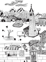 Cute childish city sketch of Aosta Valley, Italy