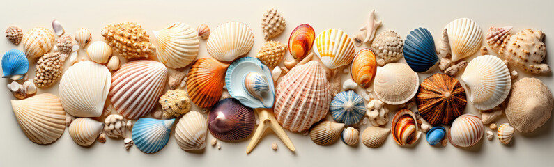 Banner of sea shells on sand background. Summer vacation concept - obrazy, fototapety, plakaty