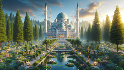 Majestic Mosque in the middle of the forest with a very comfortable wide view, AI Generated